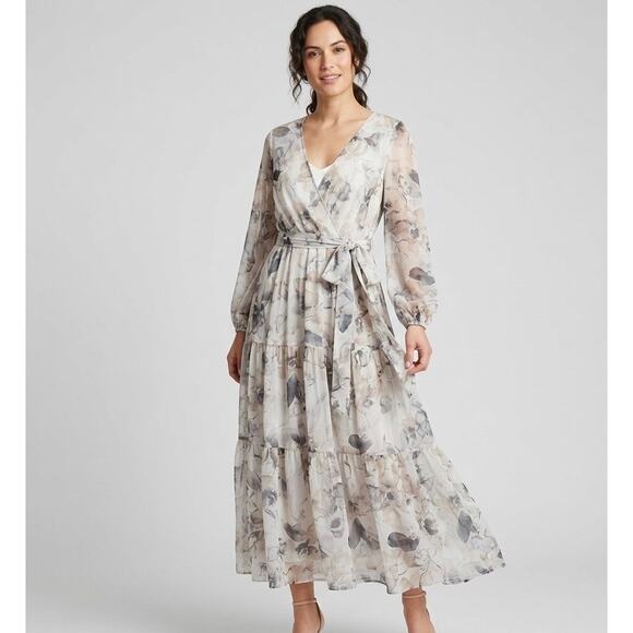 Calvin Klein Dresses & Skirts - Calvin Klein Floral Chiffon Maxi Dress Sz 8 Faux Wrap Long Sleeve Tiered V-Neck